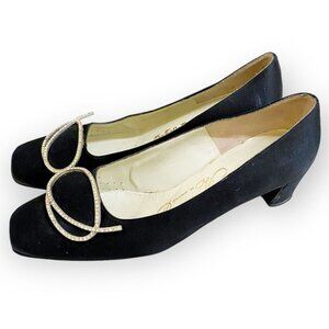 60s Roger Vivier Vintage Black Square Toe Pumps with Rhinestone ornaments, 5 1/2
